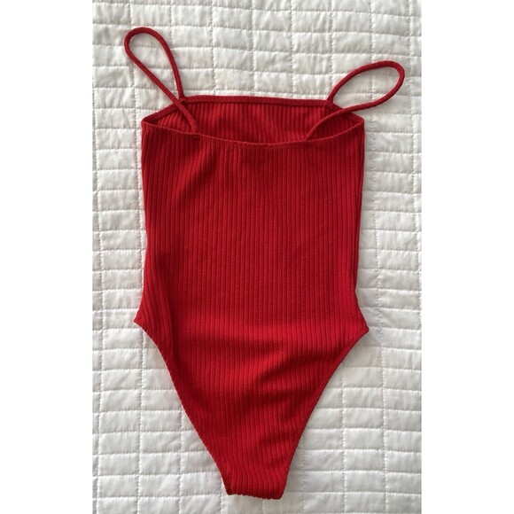 TOPSHOP Ribbed Knit Red Womens Bodysuit Snap Crotch Square Neck Size 4 - Picture 2 of 8